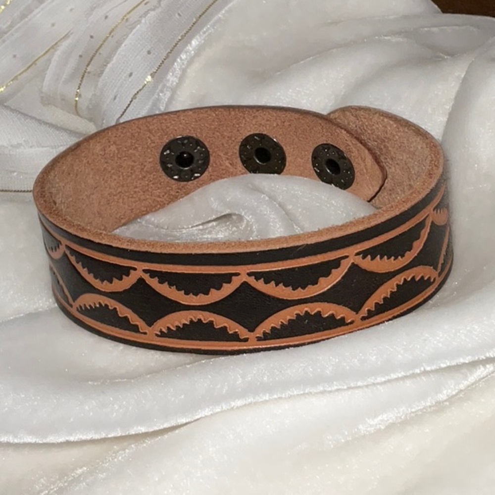 Leather Carved Bracelet Adjustable Snap Close Unisex